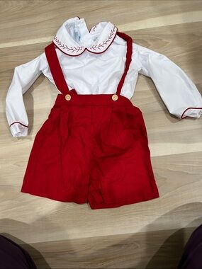 Little English Red and White Suspender Overalls Set